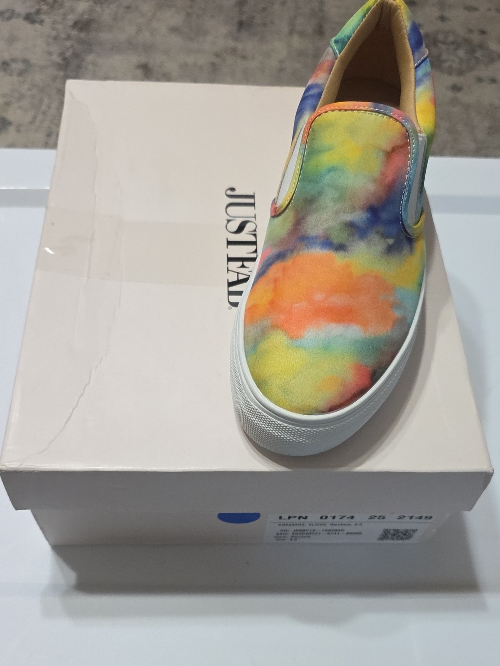 JustFab  Tie-Dye Slip-On Sneakers in Orange, Yellow, Blue, Pink, Green